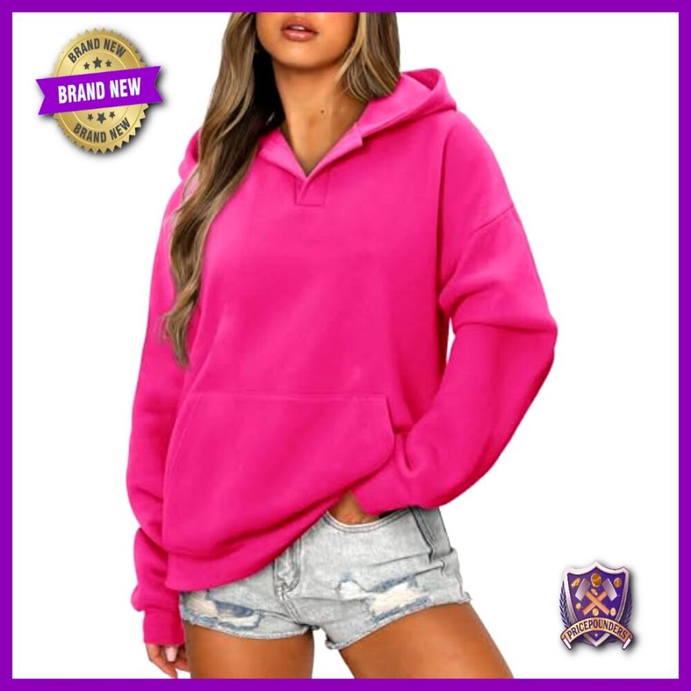 Oversized Fleece Hoodie with Kangaroo Pocket, Drop Shoulder, V-Neck - Picture 5 of 7